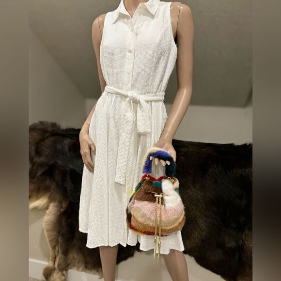 Handmade Color-block Genuine Mink Fur & Drawstring Bucket Bag Includes 2 Straps - Picture 3 of 16